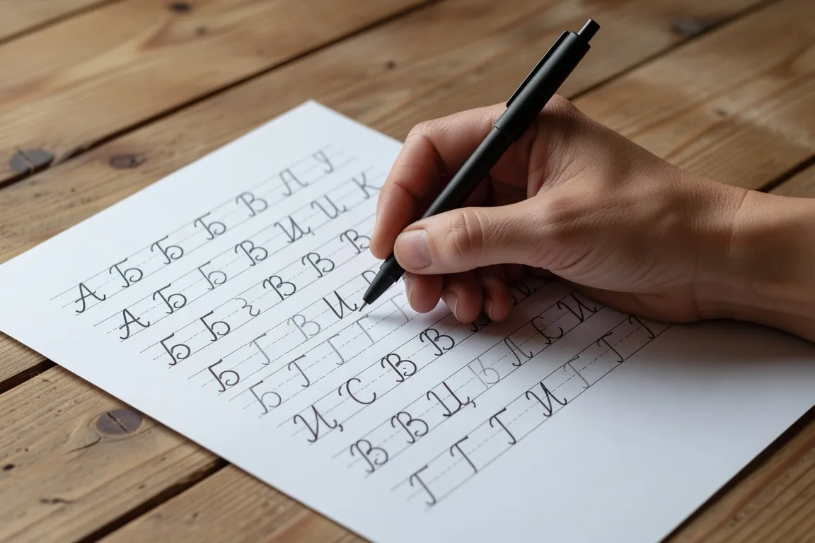 Adulte débutant écrivant des lettres cyrilliques sur des fiches mémo