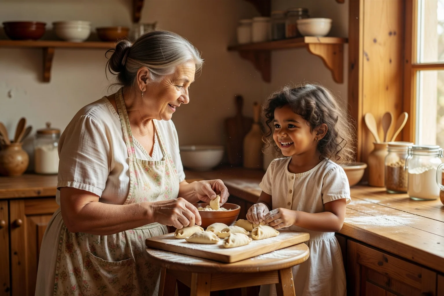 Grand-mère russe et petite-fille métisse façonnant des pirojki ensemble dans une cuisine en riant