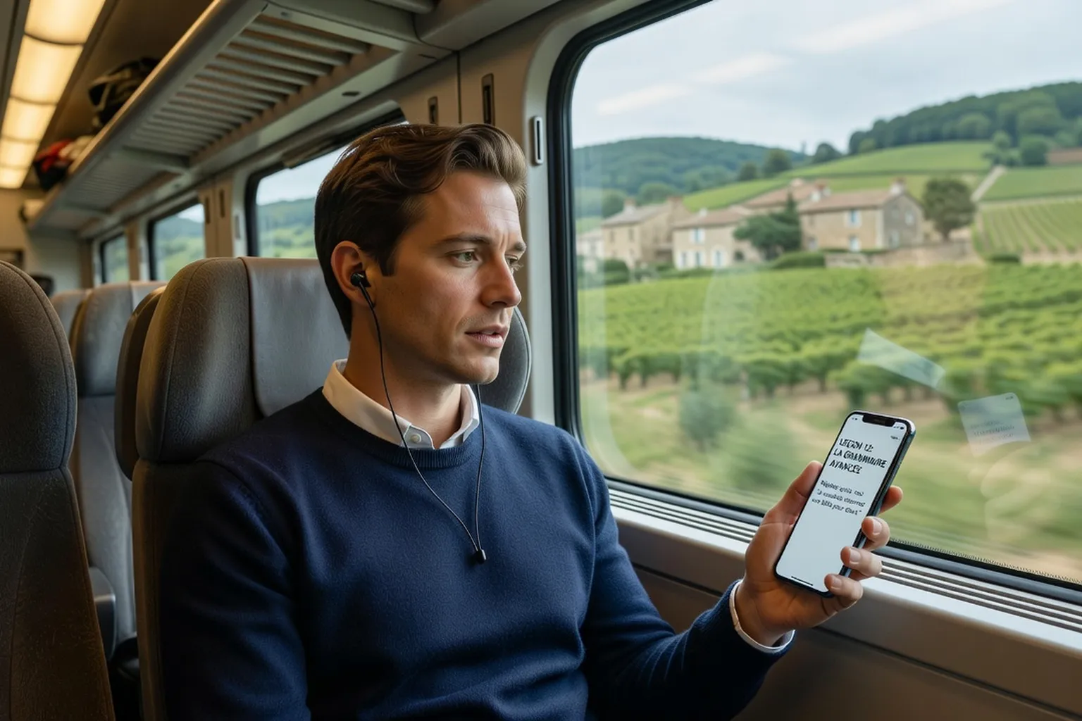 Adulte étudiant le russe dans les transports avec écouteurs et smartphone