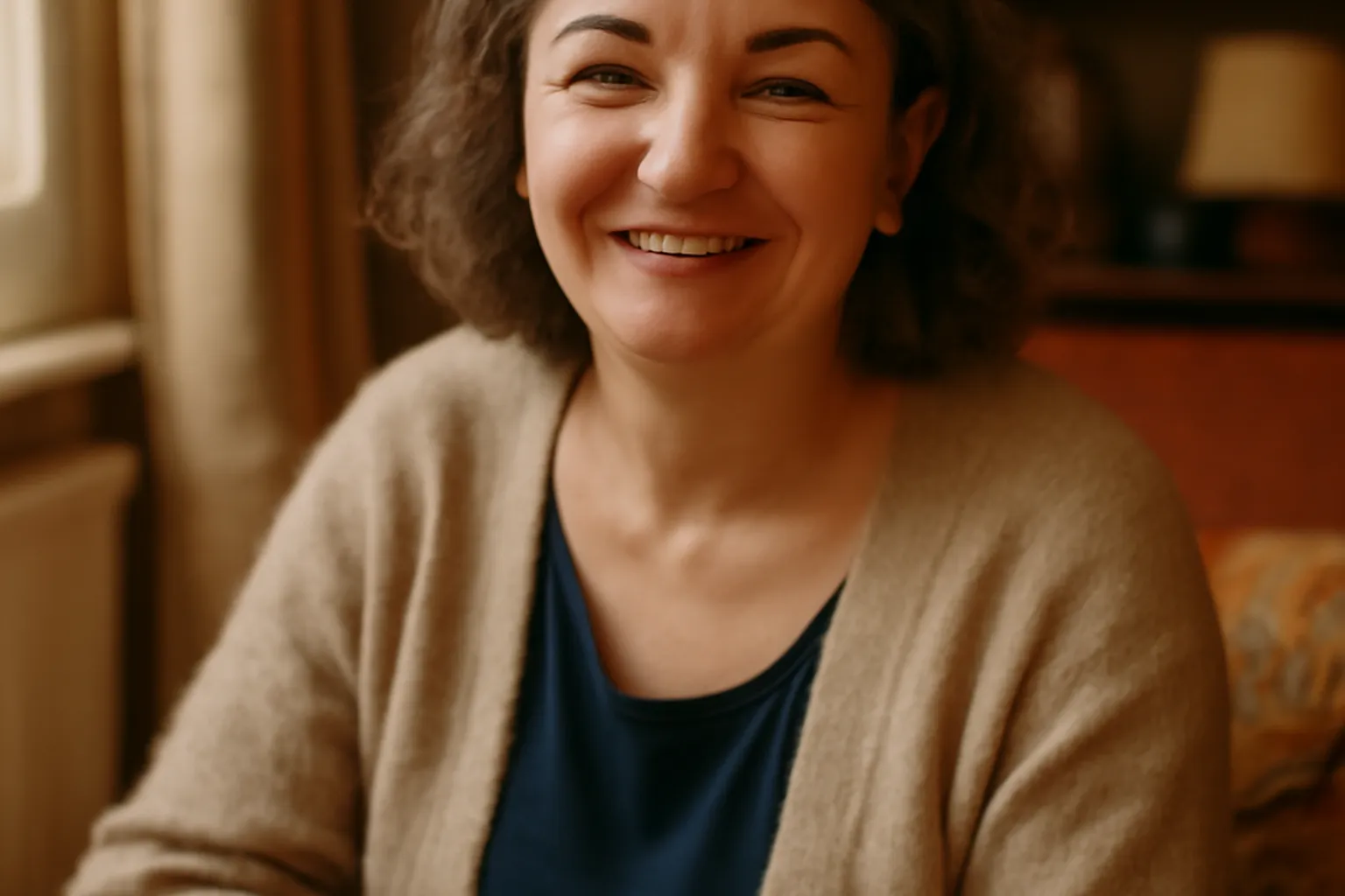 Grand-mère russe (babouchka) racontant une histoire à ses petits-enfants dans un salon familial