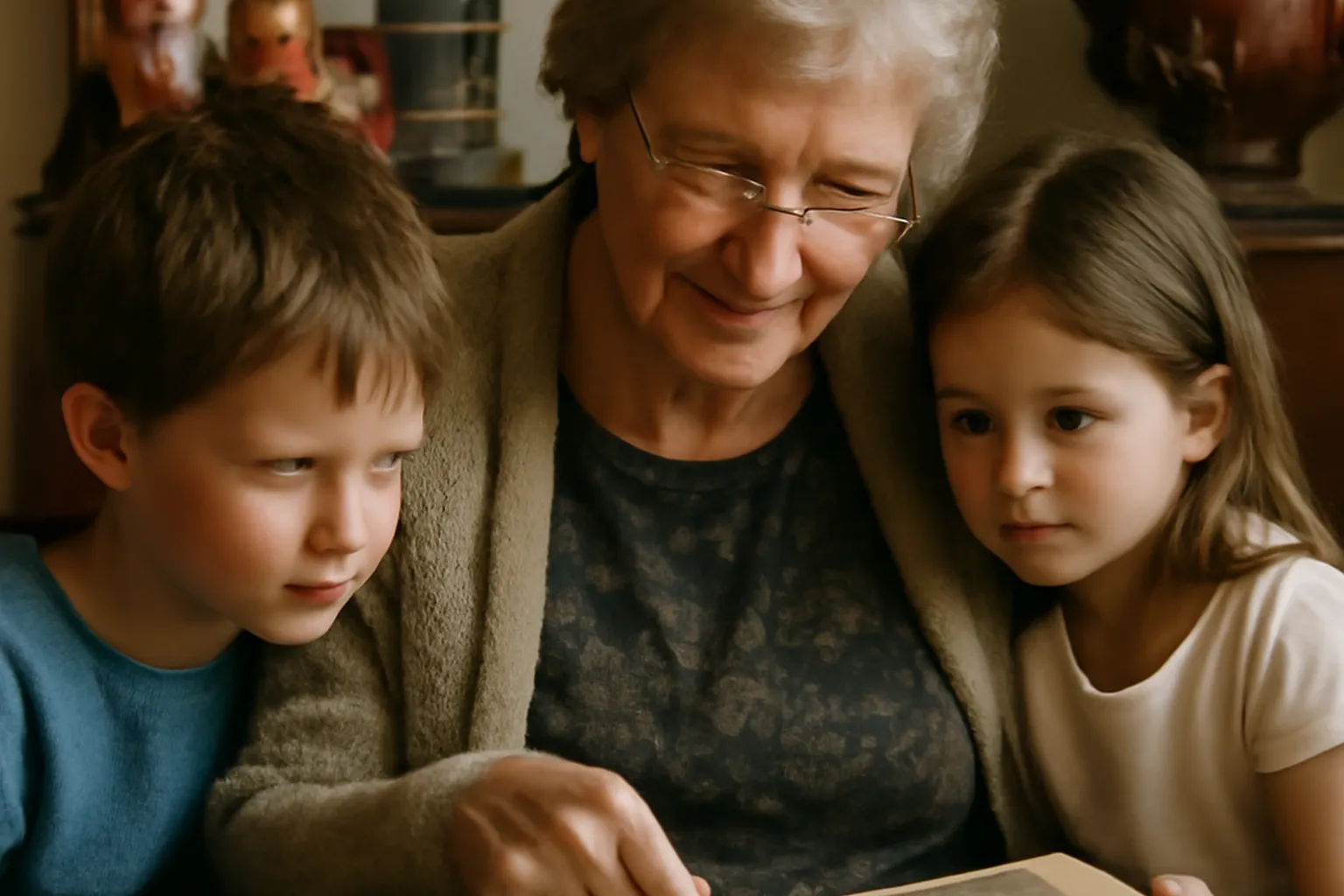 Babouchka cuisinant des plats traditionnels russes avec ses petits-enfants dans la cuisine familiale