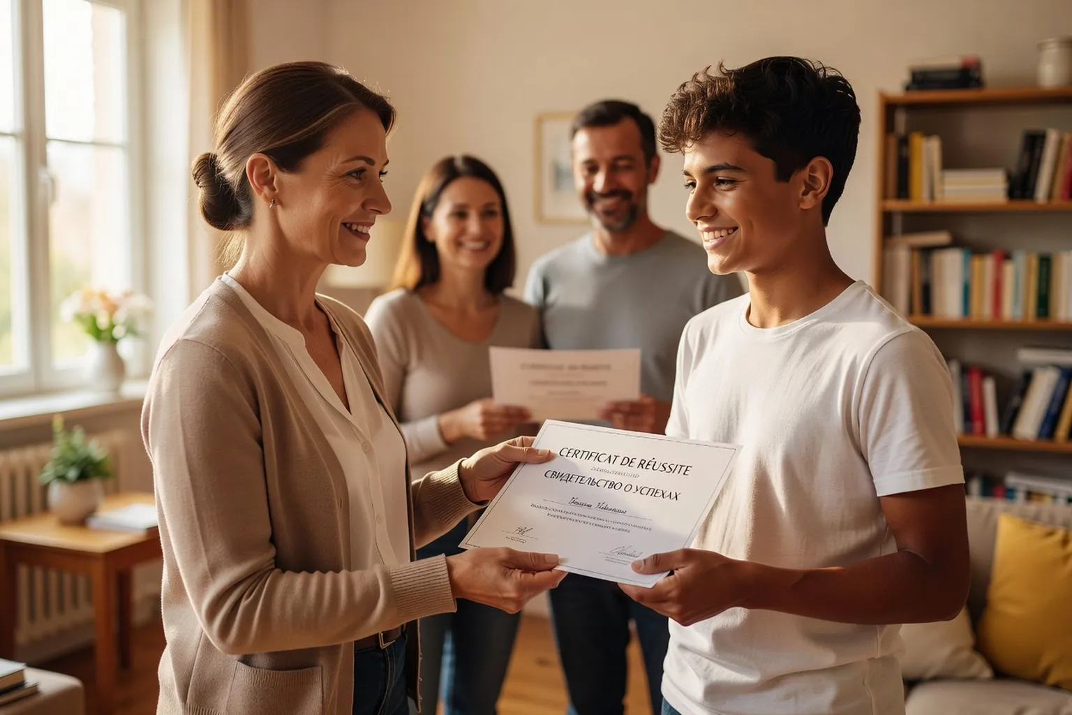Enseignante remettant une attestation de niveau de russe à un adolescent
