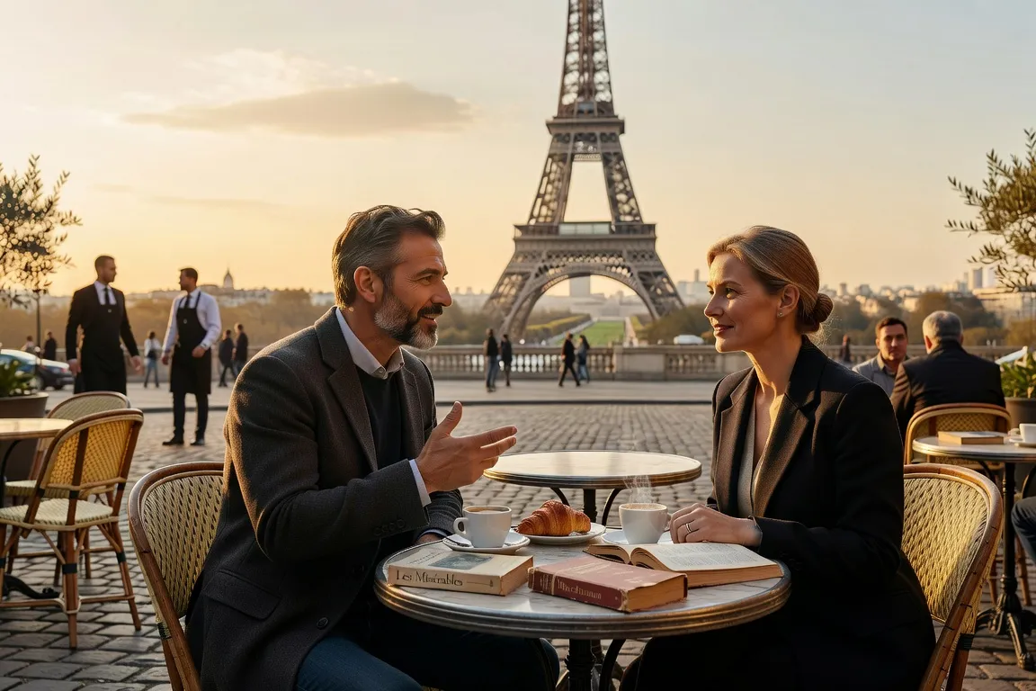 Groupe de conversation russe-français dans un café parisien, échanges linguistiques animés