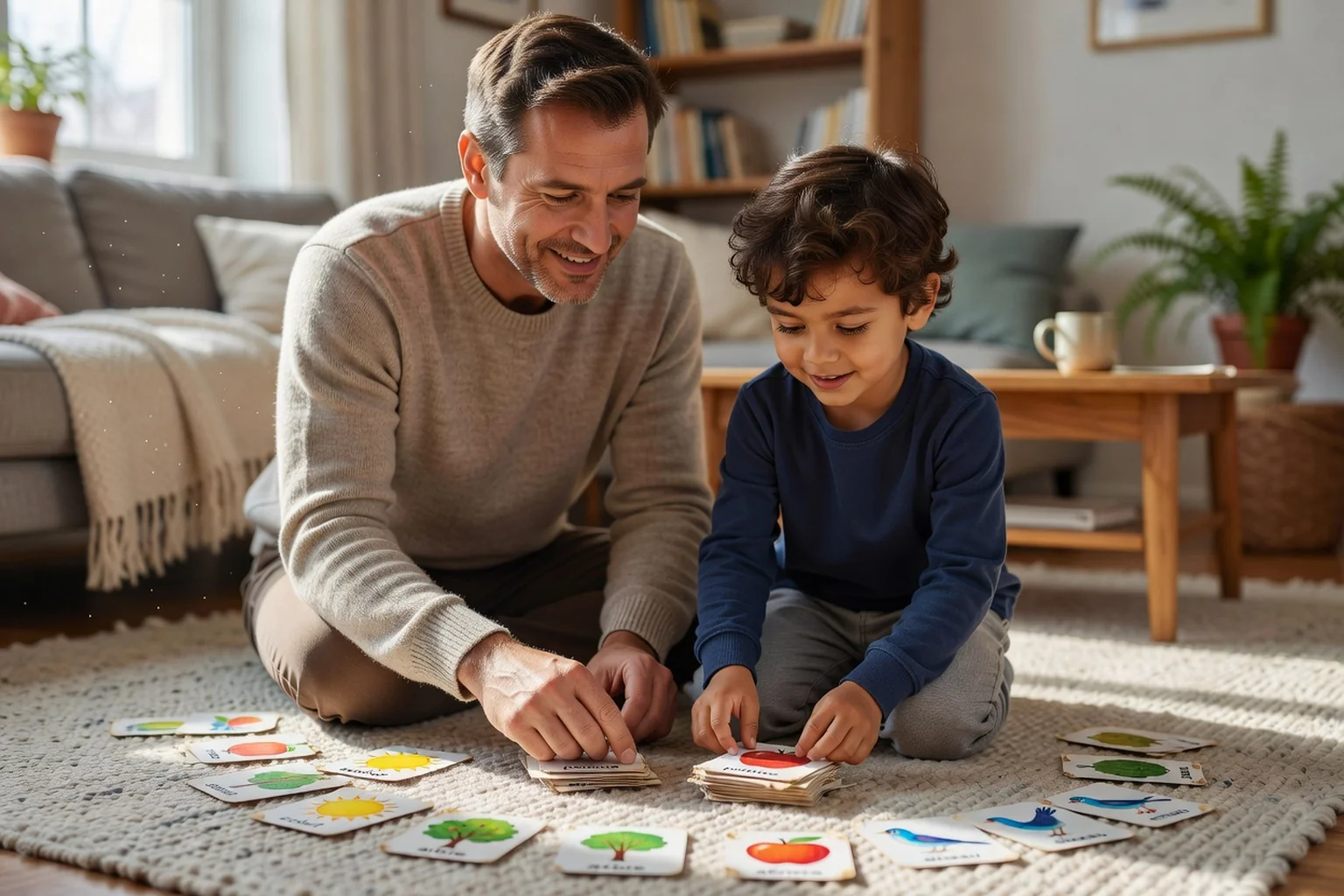 Père jouant avec son enfant à un jeu de cartes de vocabulaire russe sur le tapis du salon