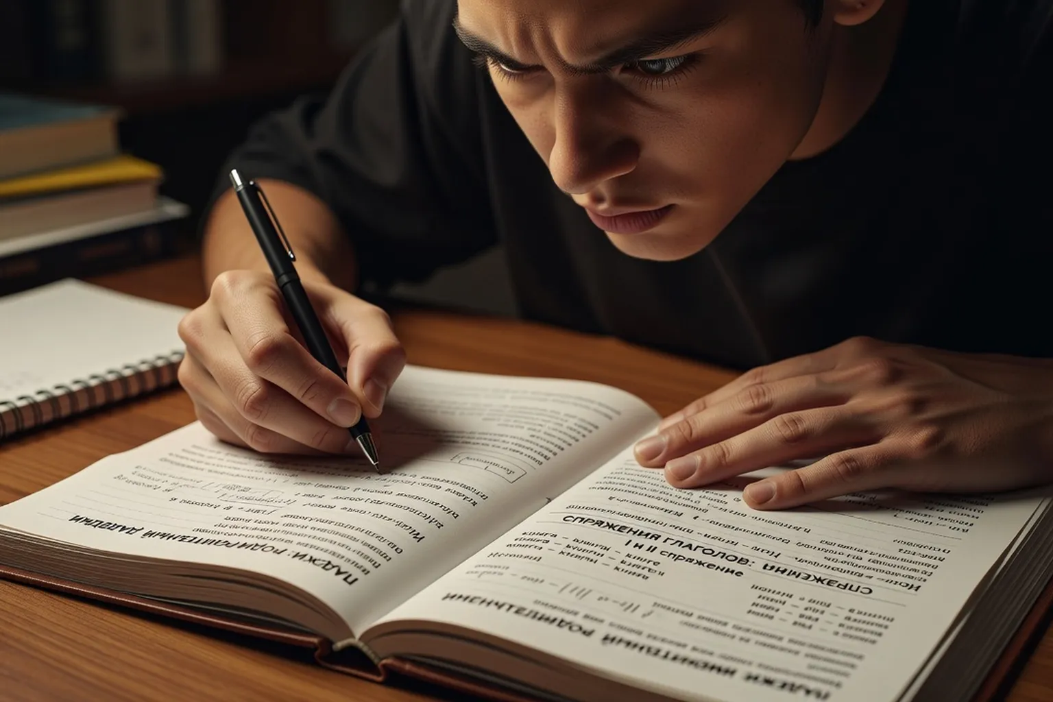 Jeune homme français en cours de russe prenant des notes sur l'accent tonique et la phonétique