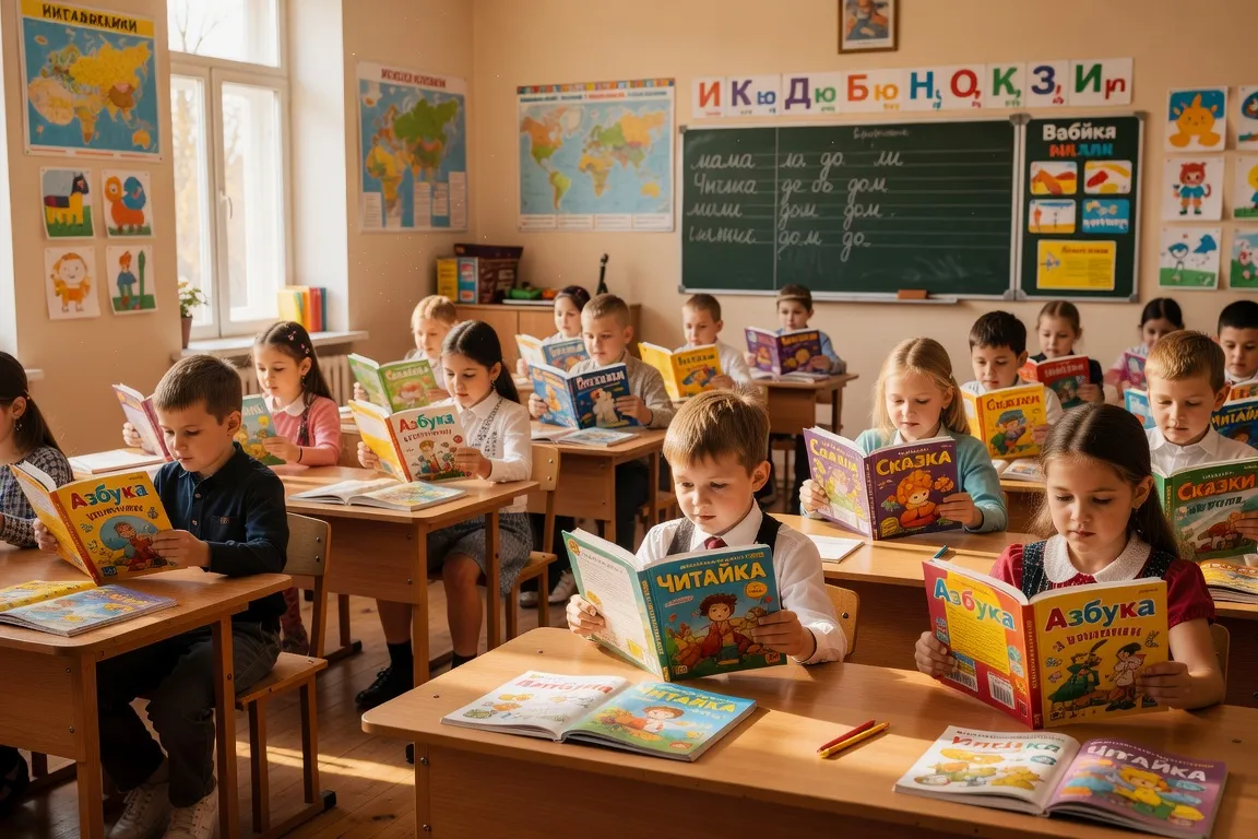 Enfants autour d’une table avec des cahiers cyrilliques, école du samedi associative