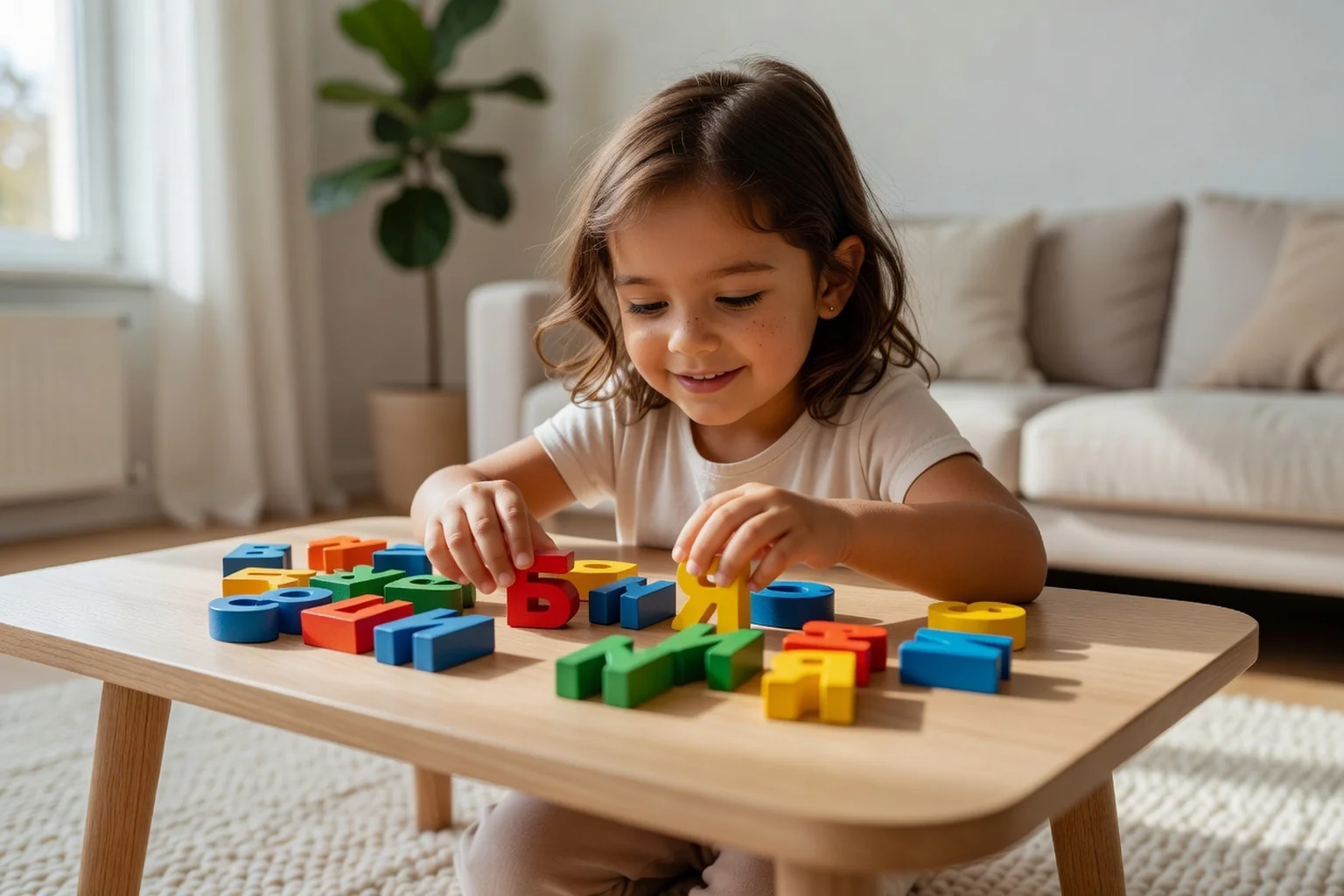 Petite fille métisse franco-russe formant des lettres cyrilliques en bois coloré sur une table basse