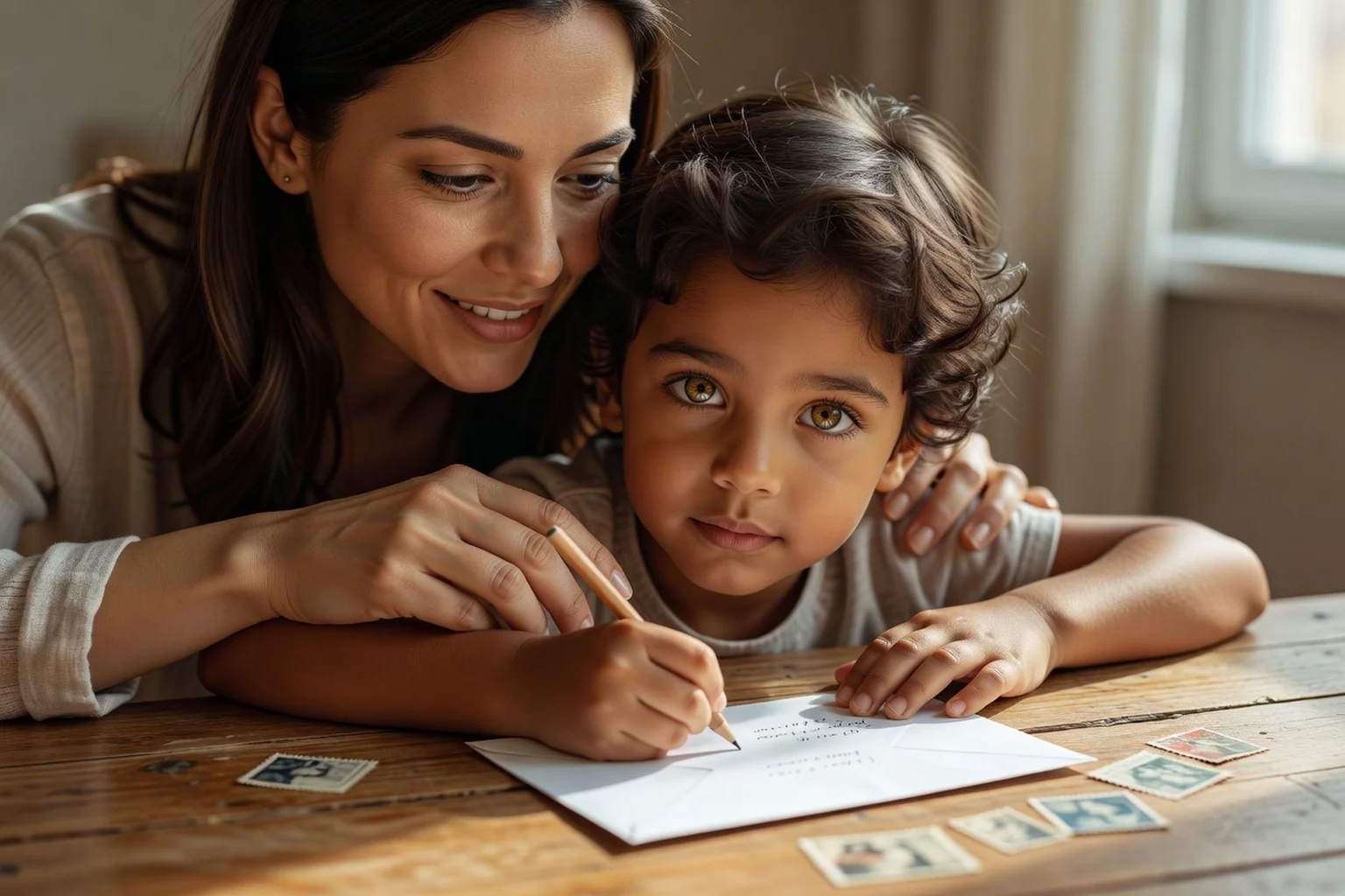 Mère aidant son enfant à écrire une lettre pour les grands-parents, timbres posés sur la table en bois