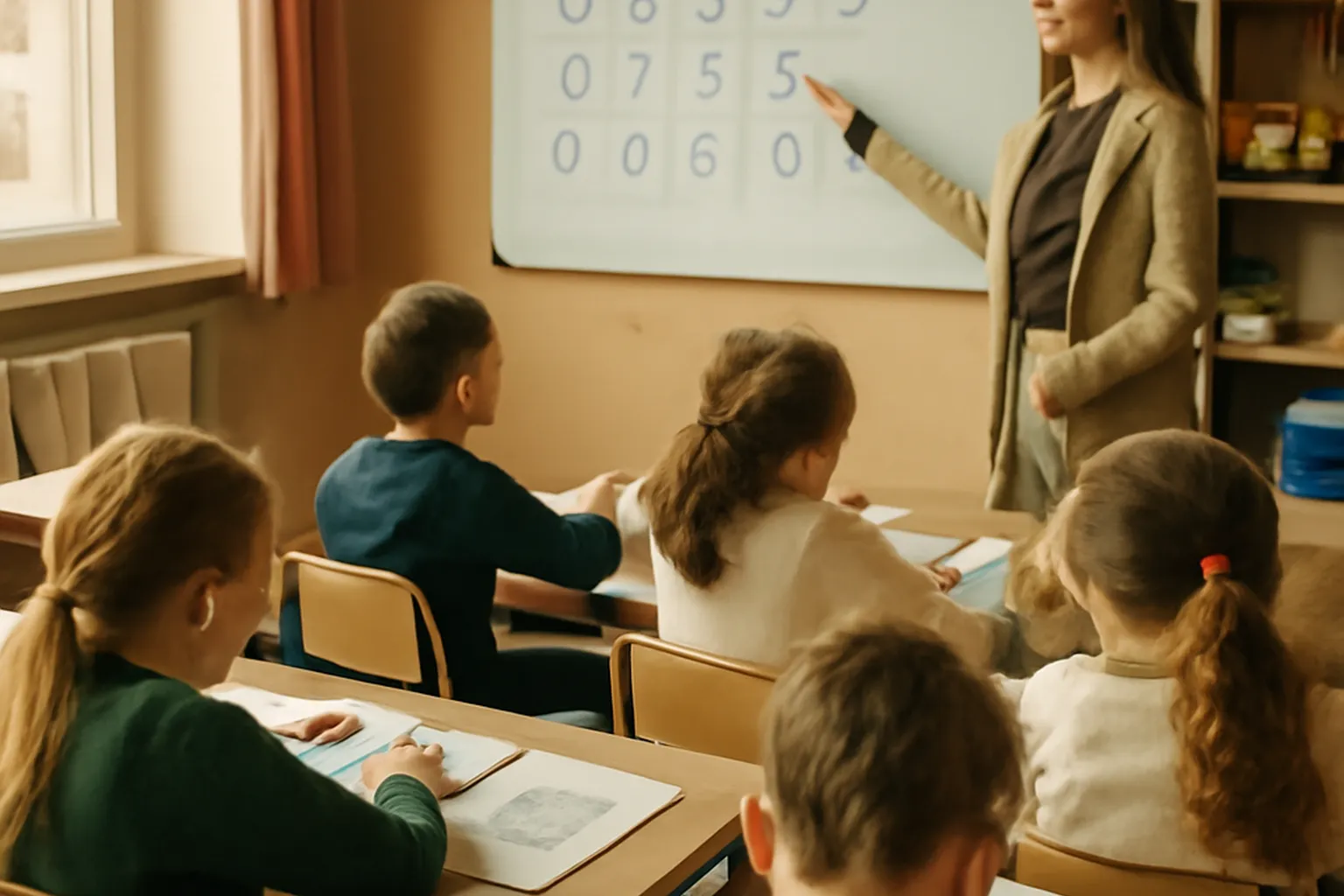Salle de classe bilingue russe-allemand avec des enfants apprenant le cyrillique