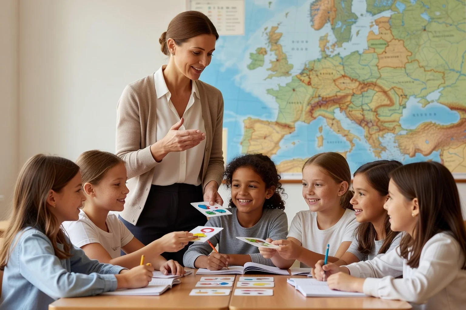 Enseignante avec un petit groupe d'enfants devant une carte de l'Europe lors d'une activité de langues en salle de classe