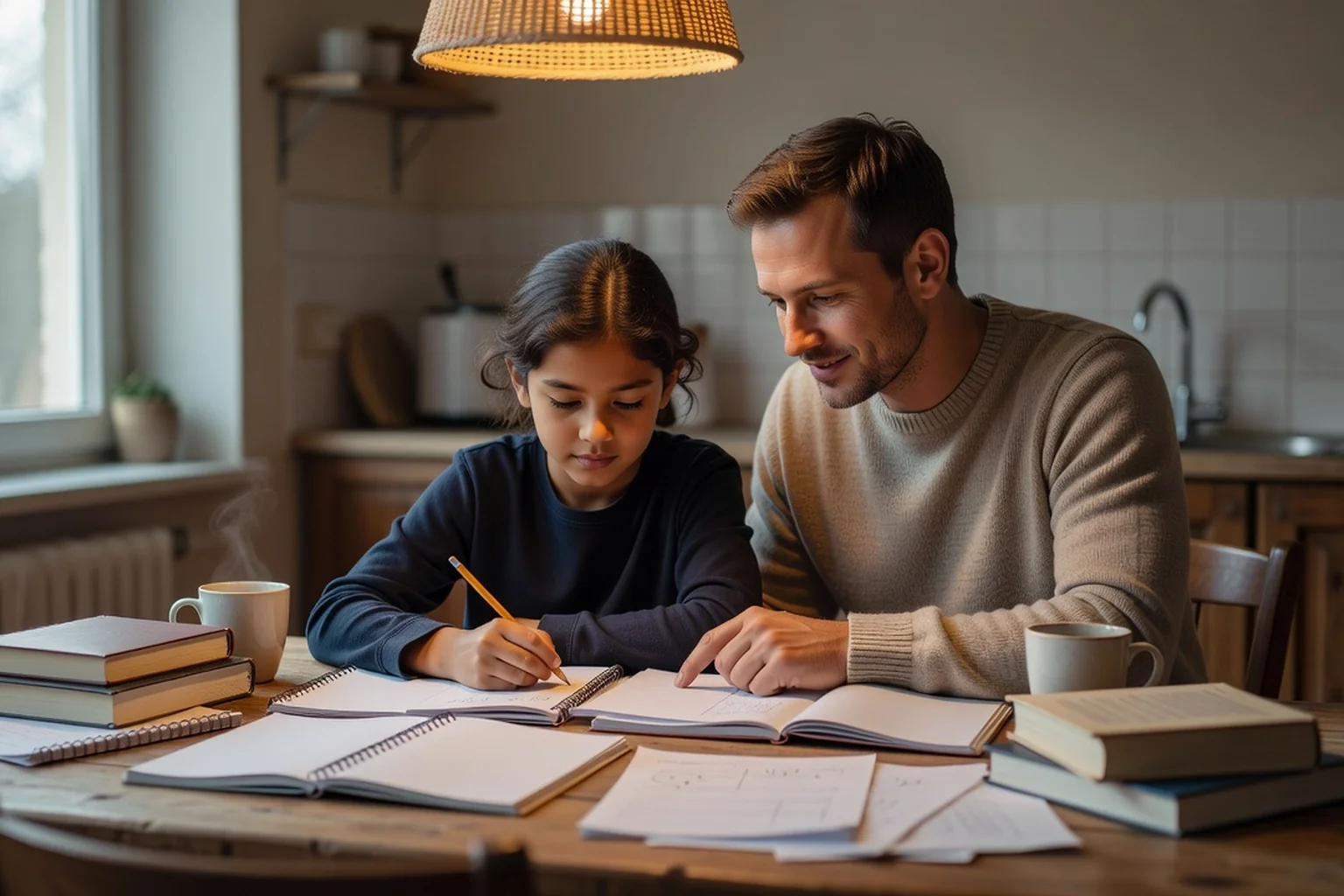 Père aidant son enfant à faire ses devoirs à la table de la cuisine, entourés de cahiers et de livres