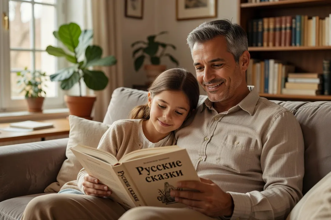 Père francophone lisant un livre en russe avec sa fille malgré ne pas parler la langue