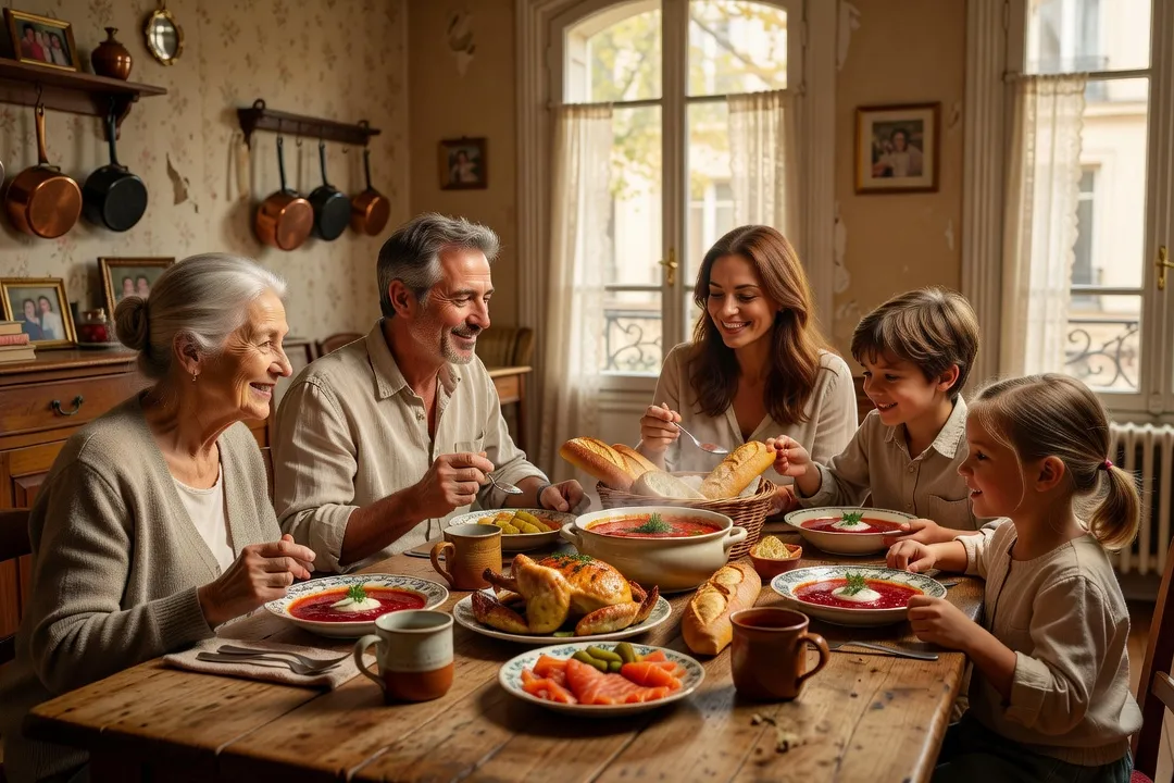 Famille franco-russe réunie autour d’une table partageant un moment de vie quotidienne bilingue