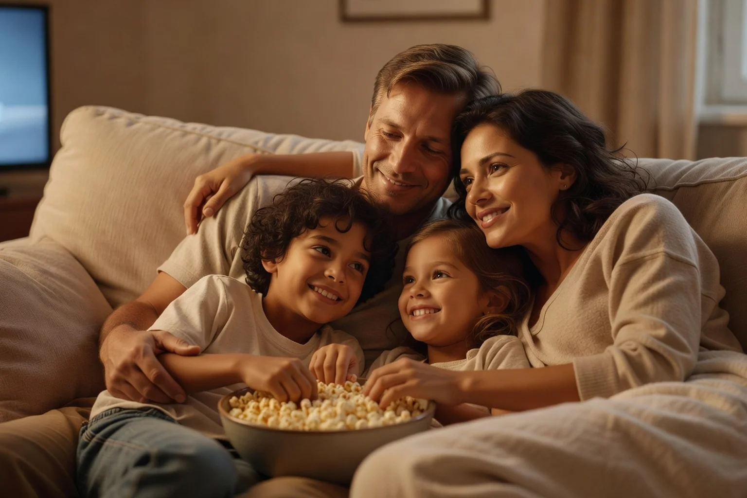 Famille franco-russe installée sur un canapé devant une télévision, bol de popcorn, moment de cinéma en soirée