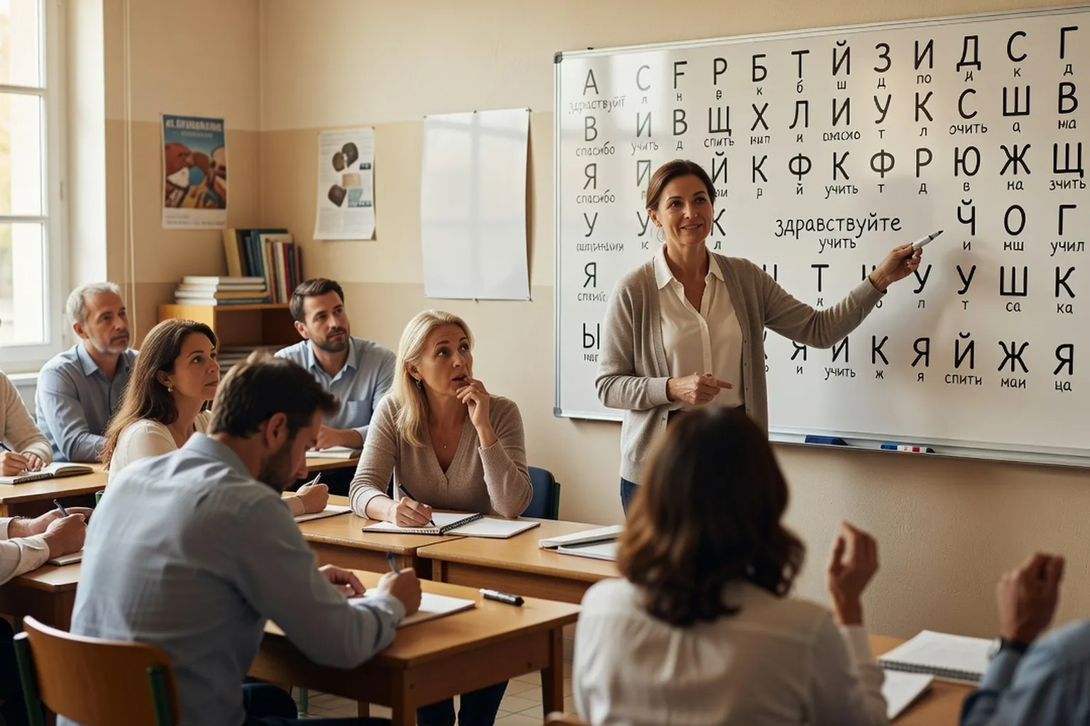 Cours de russe pour adultes, tableau avec alphabet cyrillique, enseignante et groupe attentif