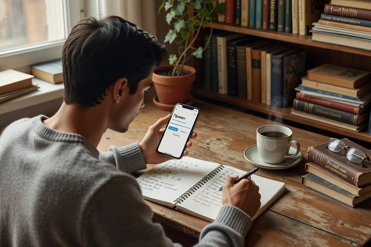 Adulte étudiant le russe sur application mobile, cahier avec cyrillique, atmosphère d'étude à domicile
