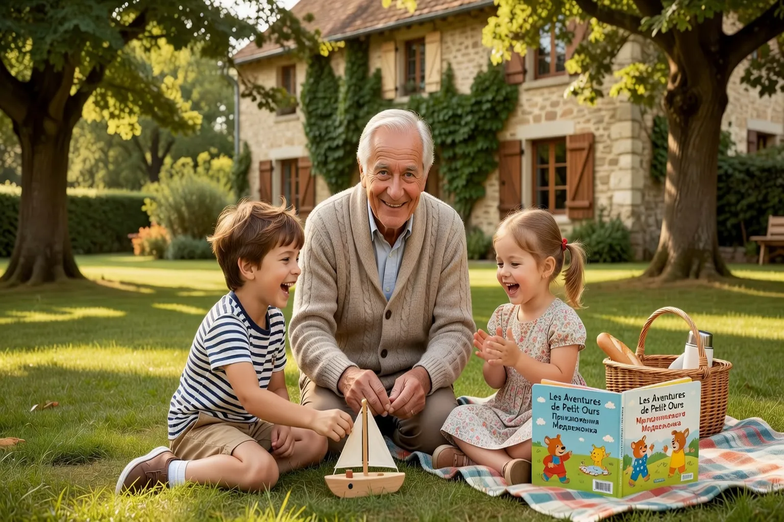 Grand-père russophone jouant avec ses petits-enfants en parlant russe