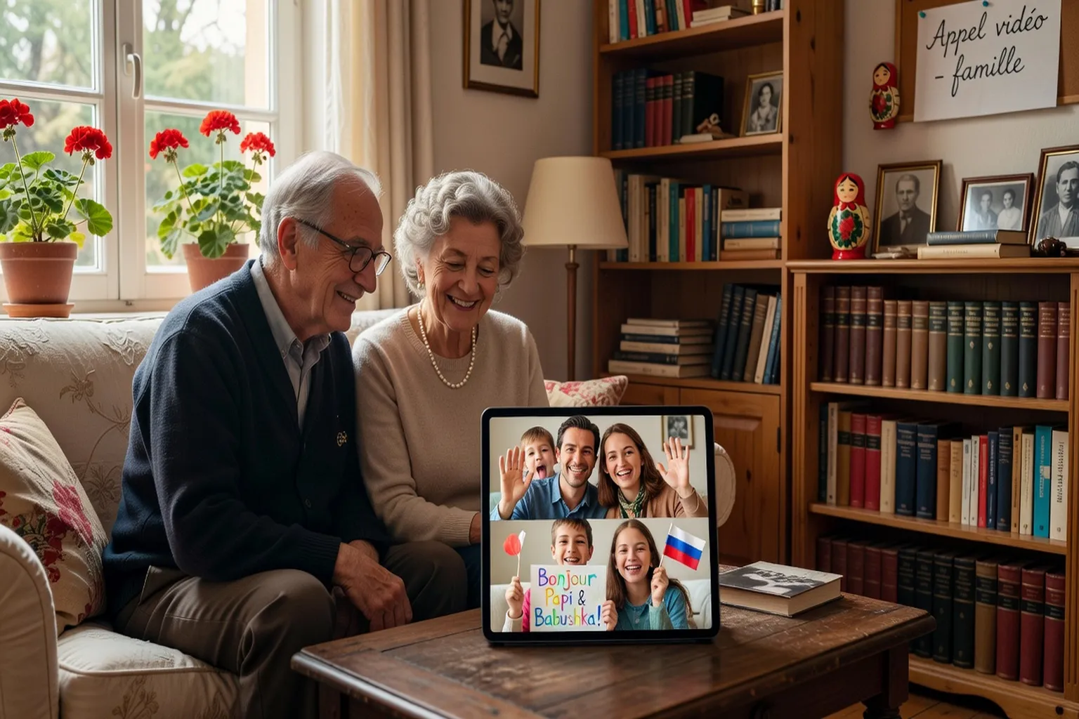 Appel vidéo entre grands-parents en Russie et petits-enfants en France