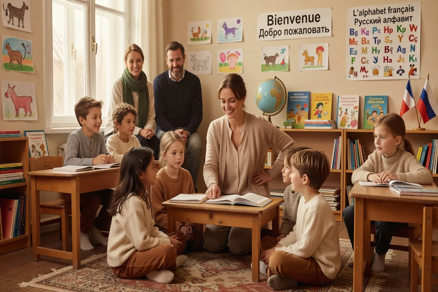 Salle de classe d'une école russe du samedi avec enfants et institutrice
