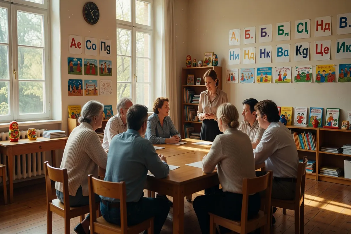 Parents et enseignante discutant des criteres d'inscription dans une ecole russe du samedi