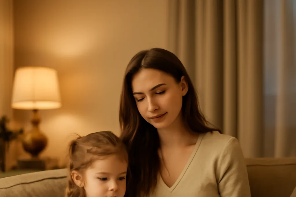 Jeune fille au pair lisant un livre en russe à une petite fille sur un canapé
