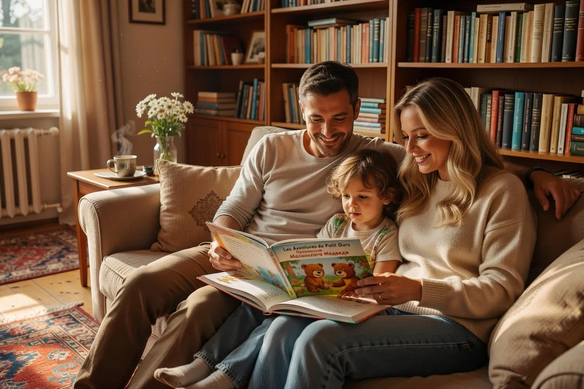 Couple mixte franco-russe lisant avec leur enfant un livre bilingue dans un salon chaleureux