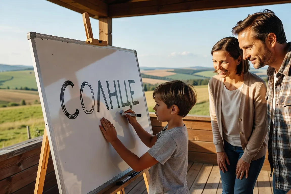 Enfant bilingue écrivant en cyrillique au tableau familial pendant que ses parents regardent