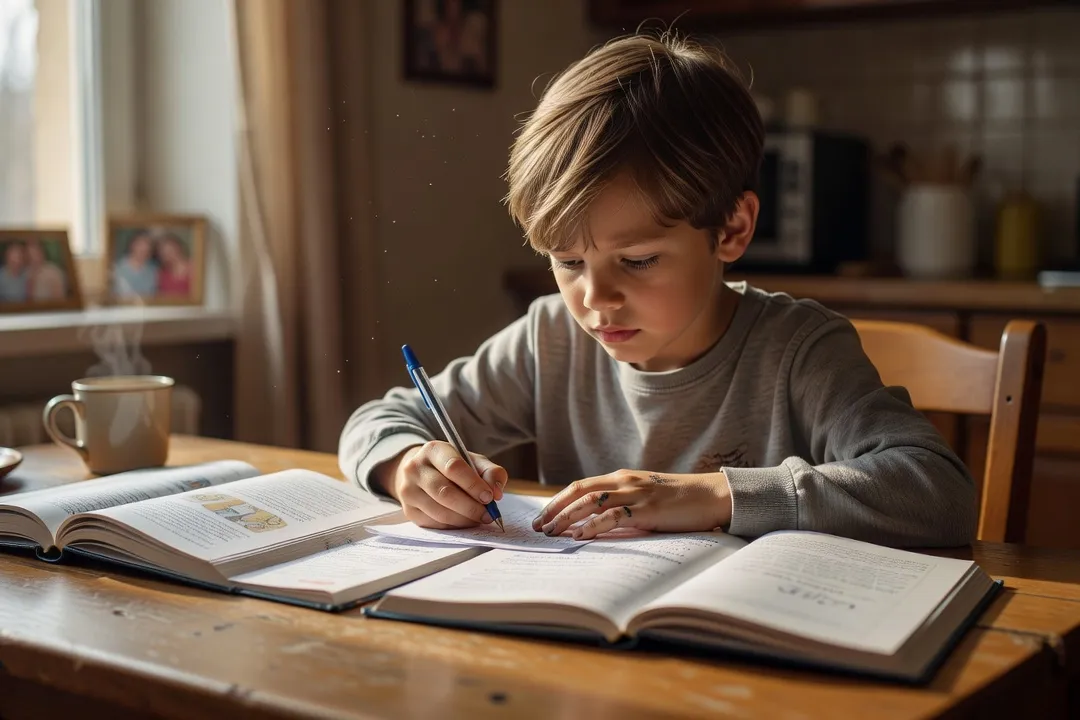 Enfant bilingue faisant ses devoirs de russe à la table familiale en fin d’après-midi