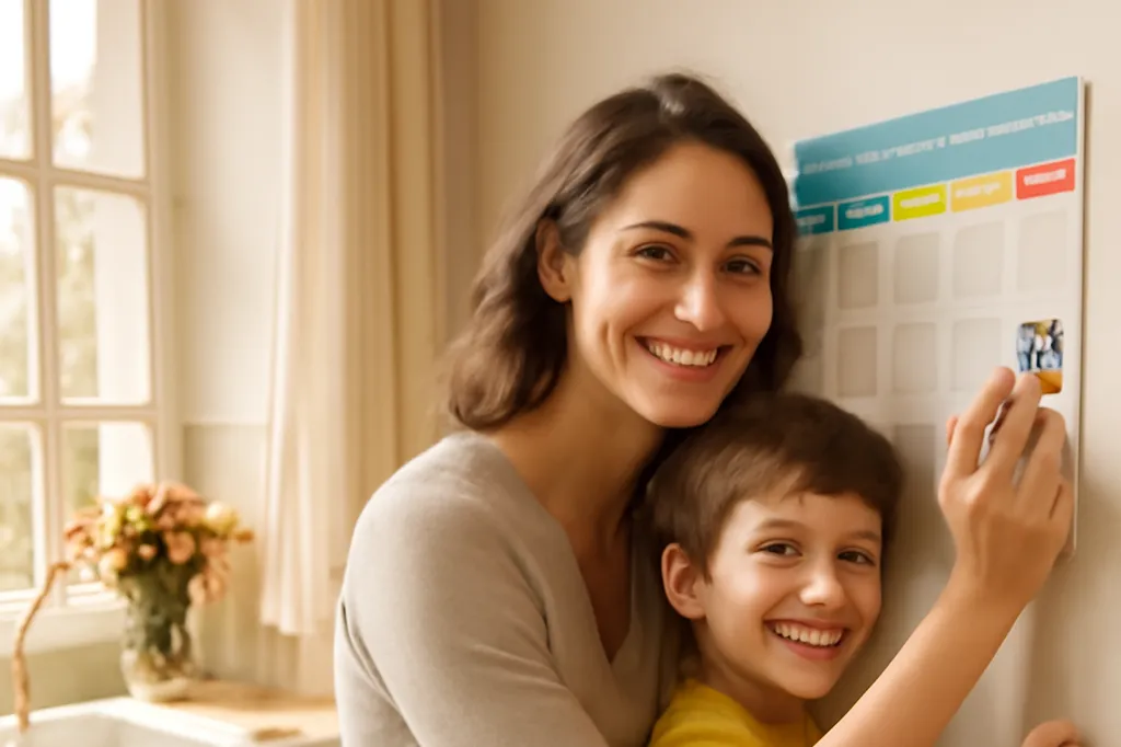 Mère et enfant souriants organisant ensemble un planning hebdomadaire familial
