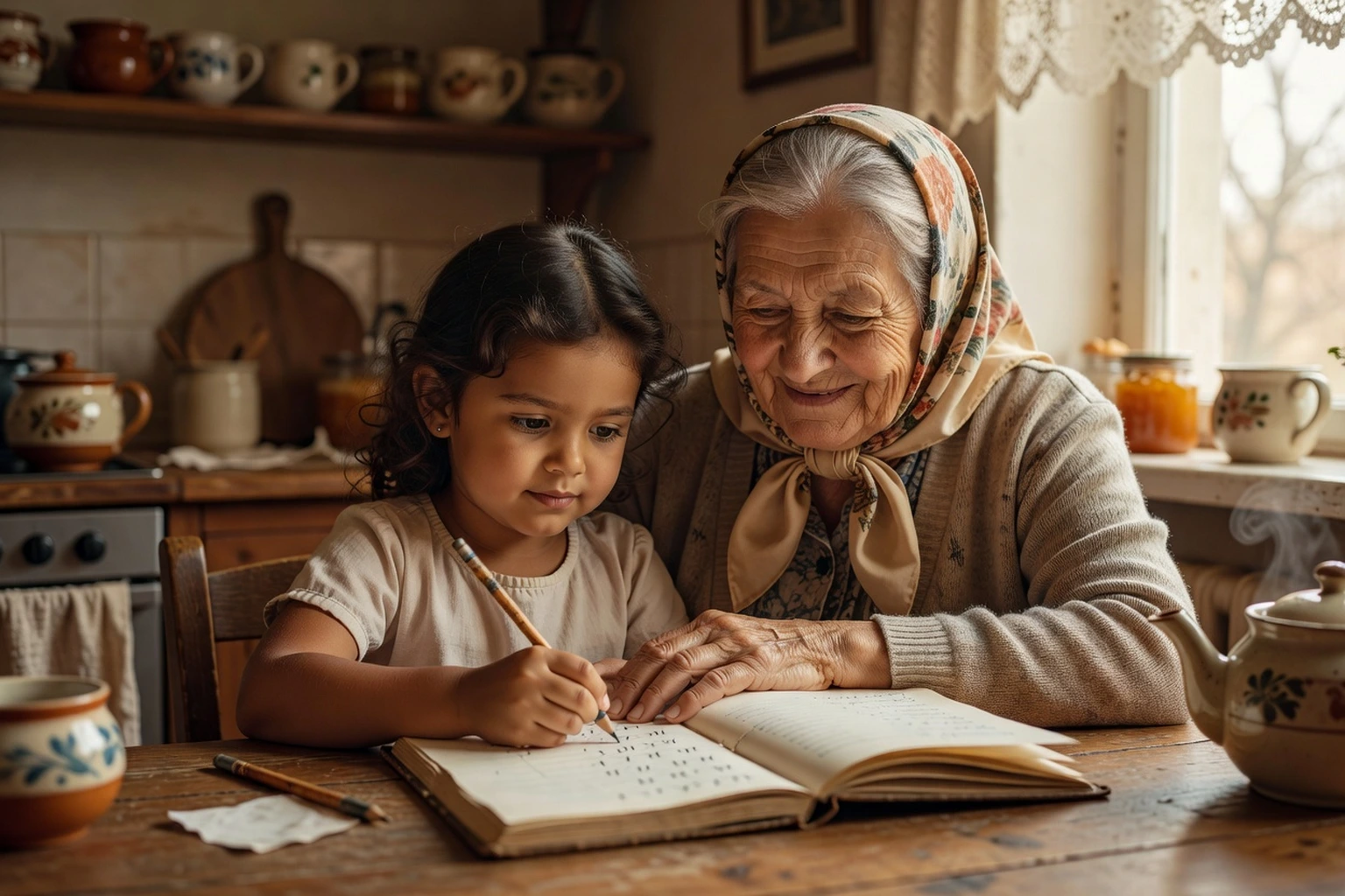 Grand-mère russe au foulard aidant sa petite-fille métisse à tracer des lettres dans un cahier, cuisine traditionnelle en arrière-plan
