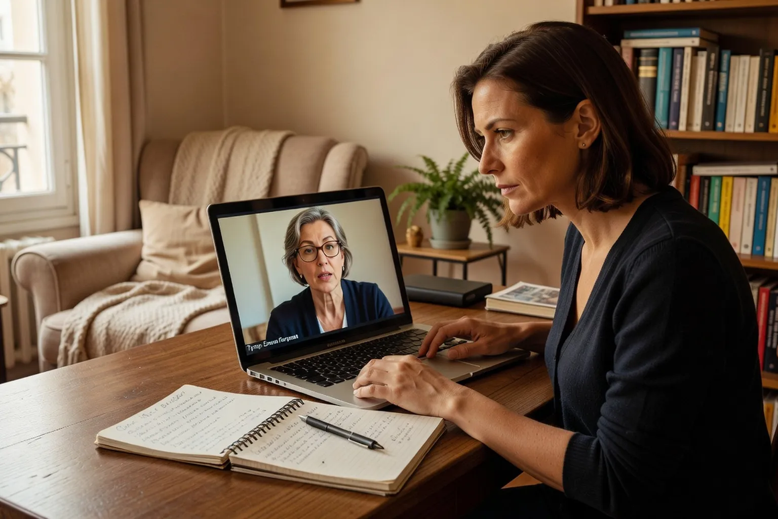 Femme adulte suivant un cours de russe en ligne avec tuteur natif, notebook avec cyrillique