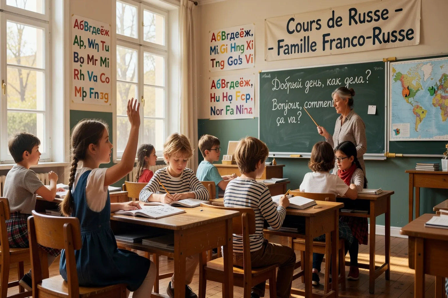 Groupe d'enfants en classe à l'école russe du samedi