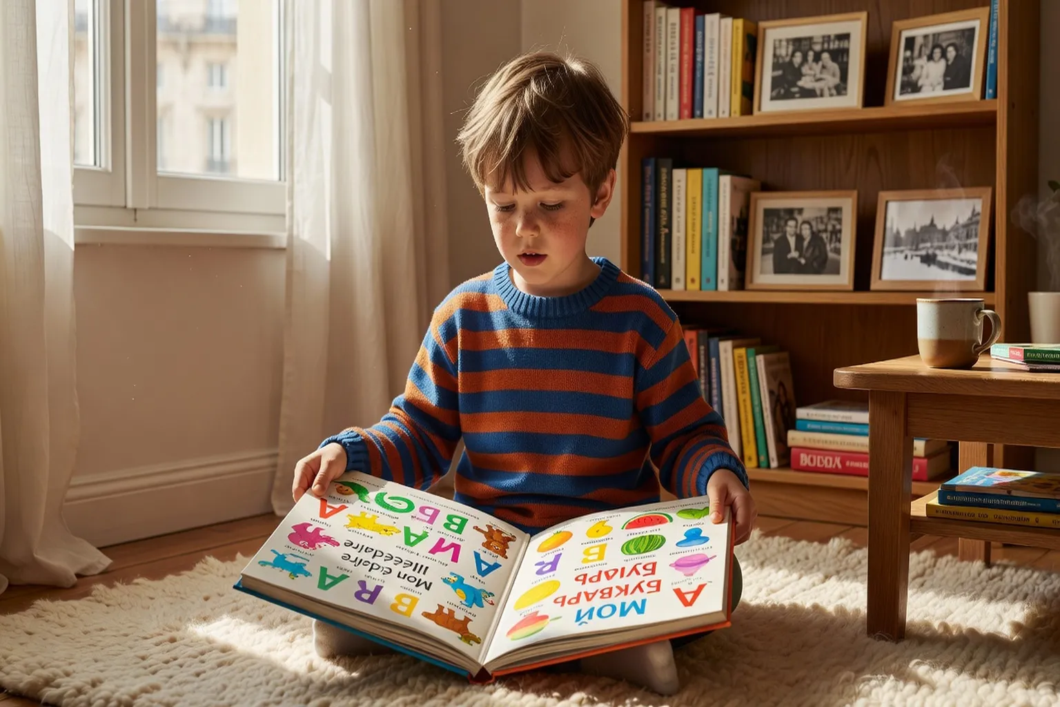Enfant travaillant avec deux livres, un en français et un en russe