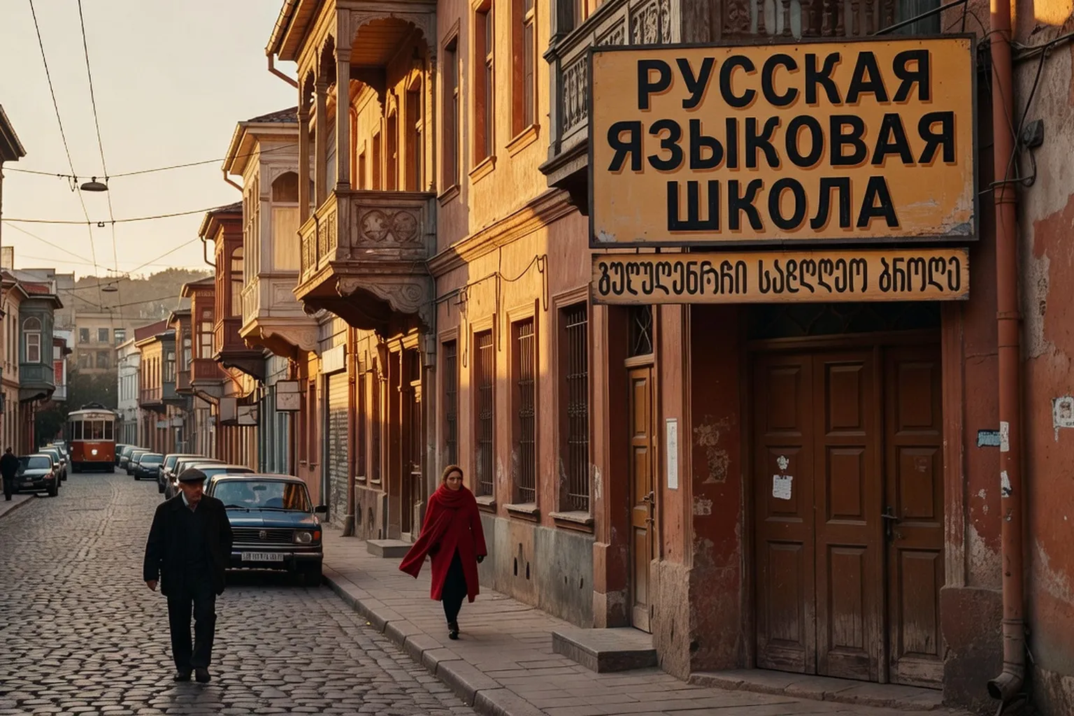 Scène de rue à Tbilissi avec enseignes en géorgien et en russe, ambiance de ville russophone