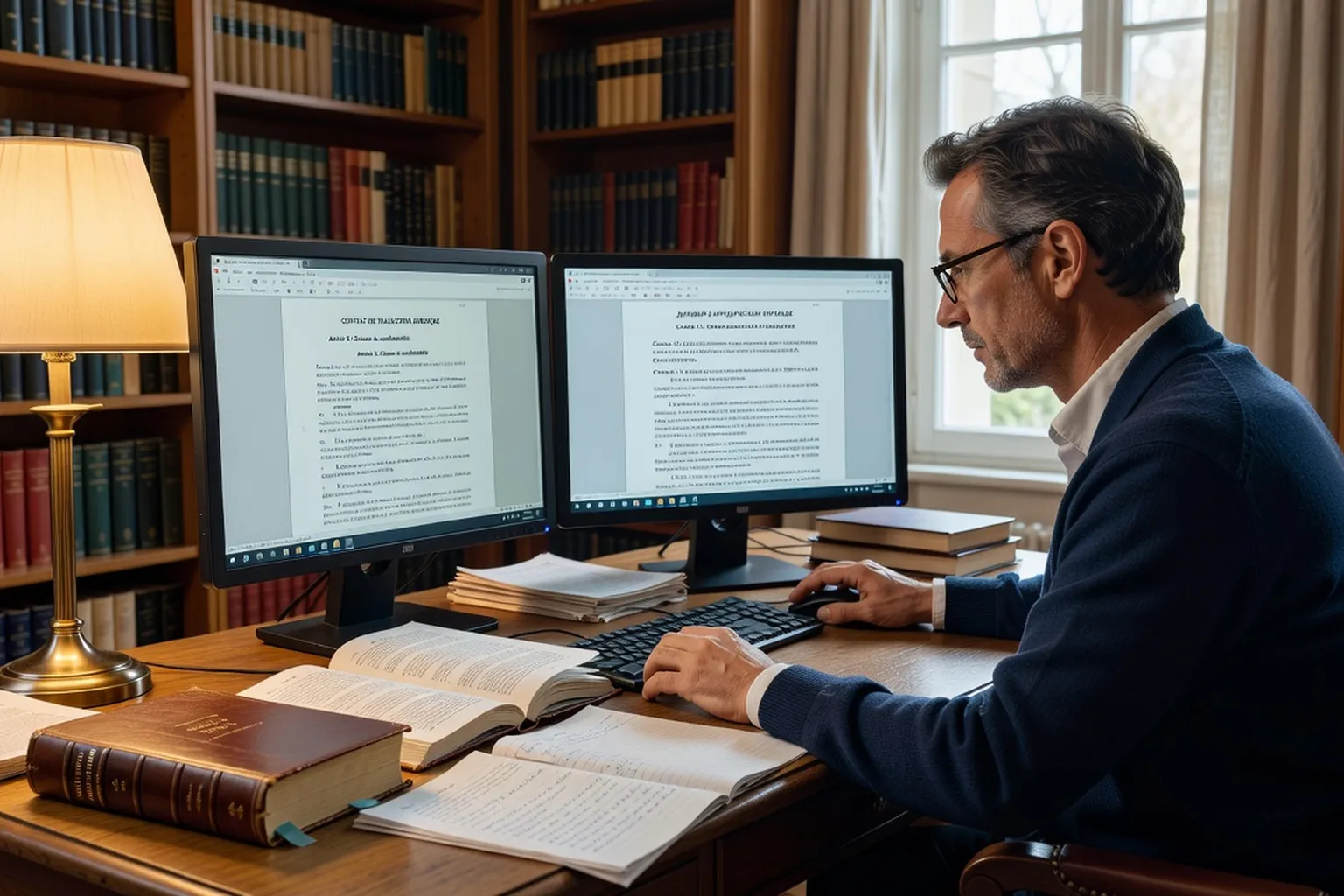 Traducteur travaillant sur double écran avec documents juridiques en français et en russe