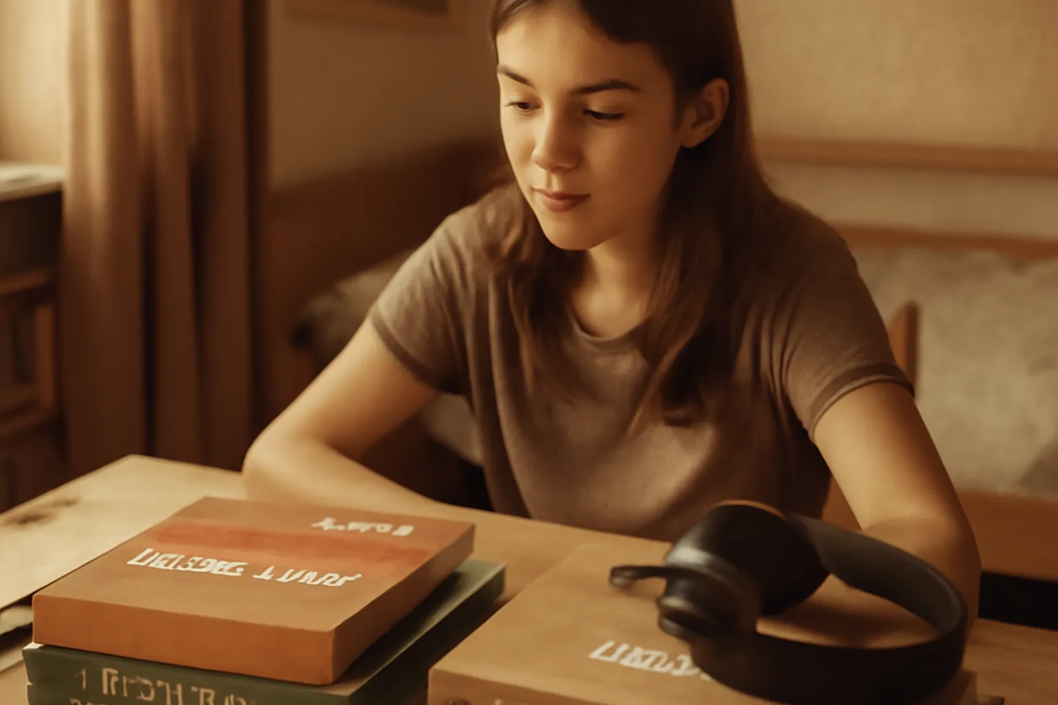 Adolescente bilingue russe etudiant a son bureau avec livres en russe et francais