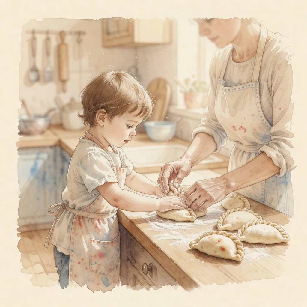 Enfant et parent cuisinant des pirojki dans une cuisine chaleureuse, palette Cahier bilingue