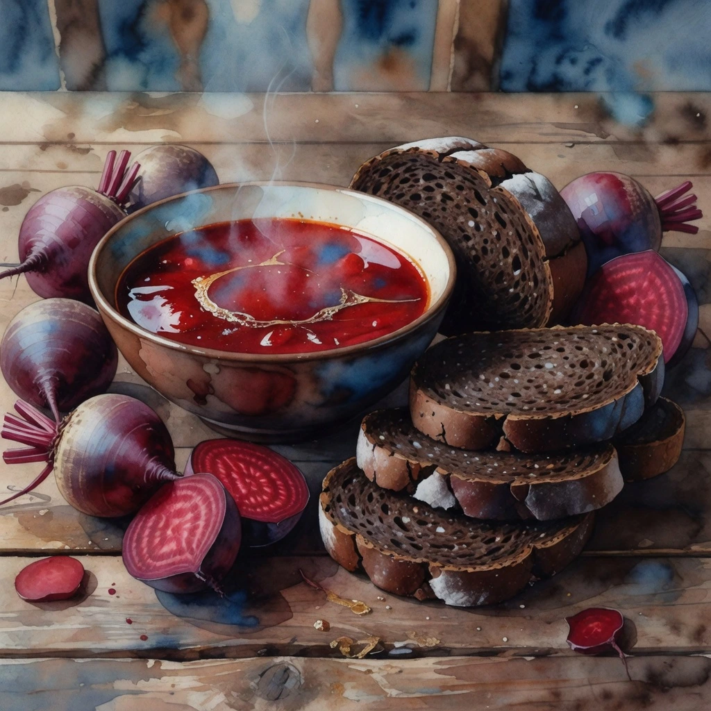 Ingrédients russes disposés sur une table en bois : borsch, pain noir, confiture, palette sépia, bleu et rouge