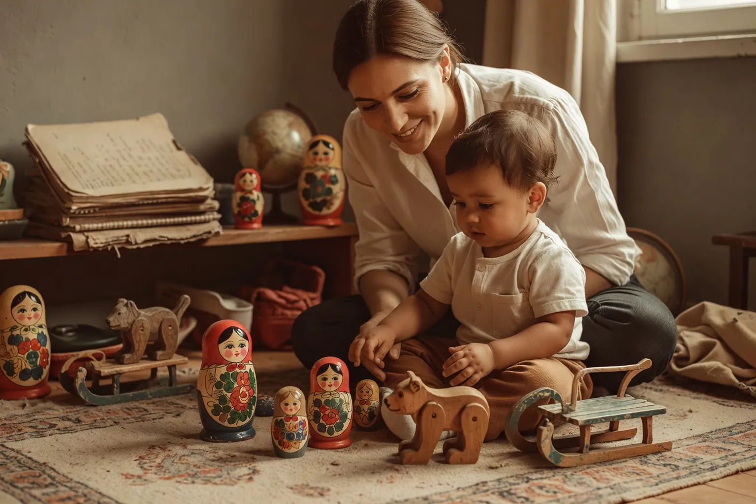 Pere lisant un livre russe a sa fille dans le salon