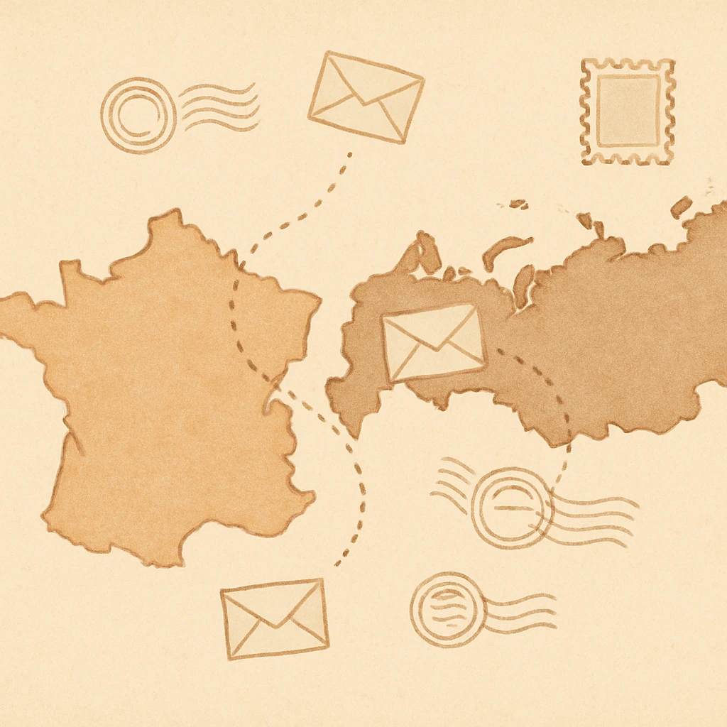 Carte stylisée reliant la France et la Russie par des lignes de correspondance