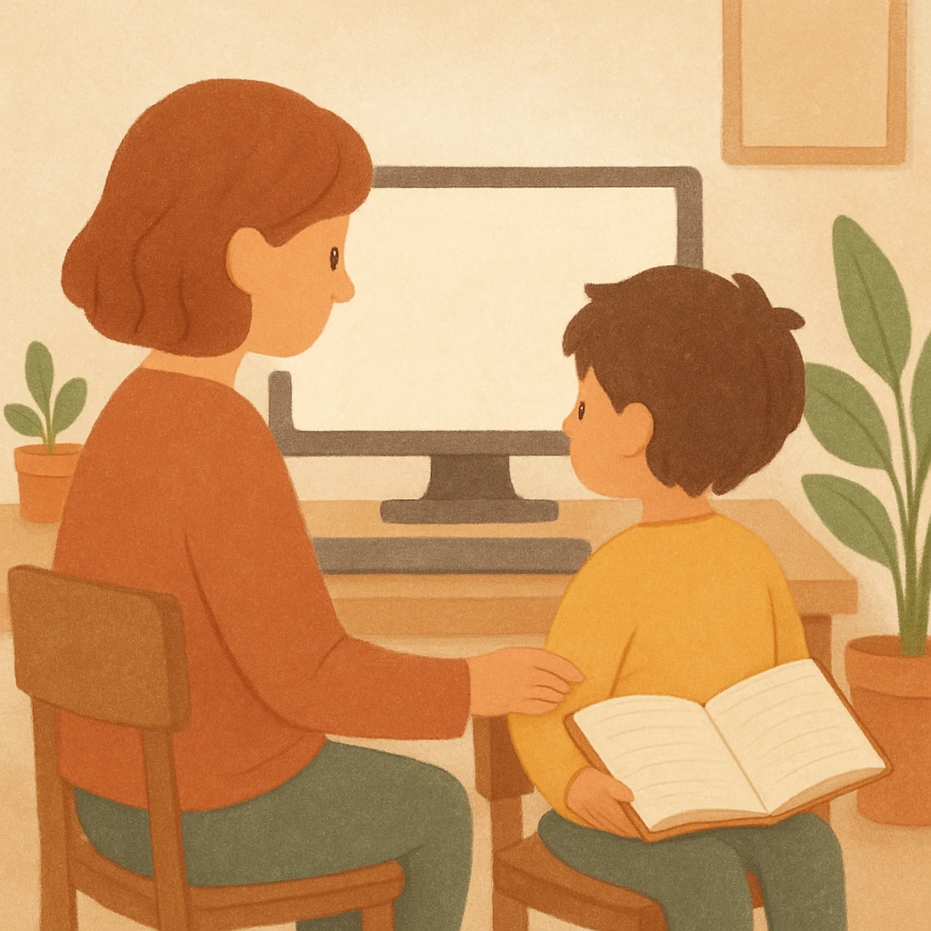 Parent et enfant devant un écran, un carnet ouvert sur les genoux, dans un style illustration doux