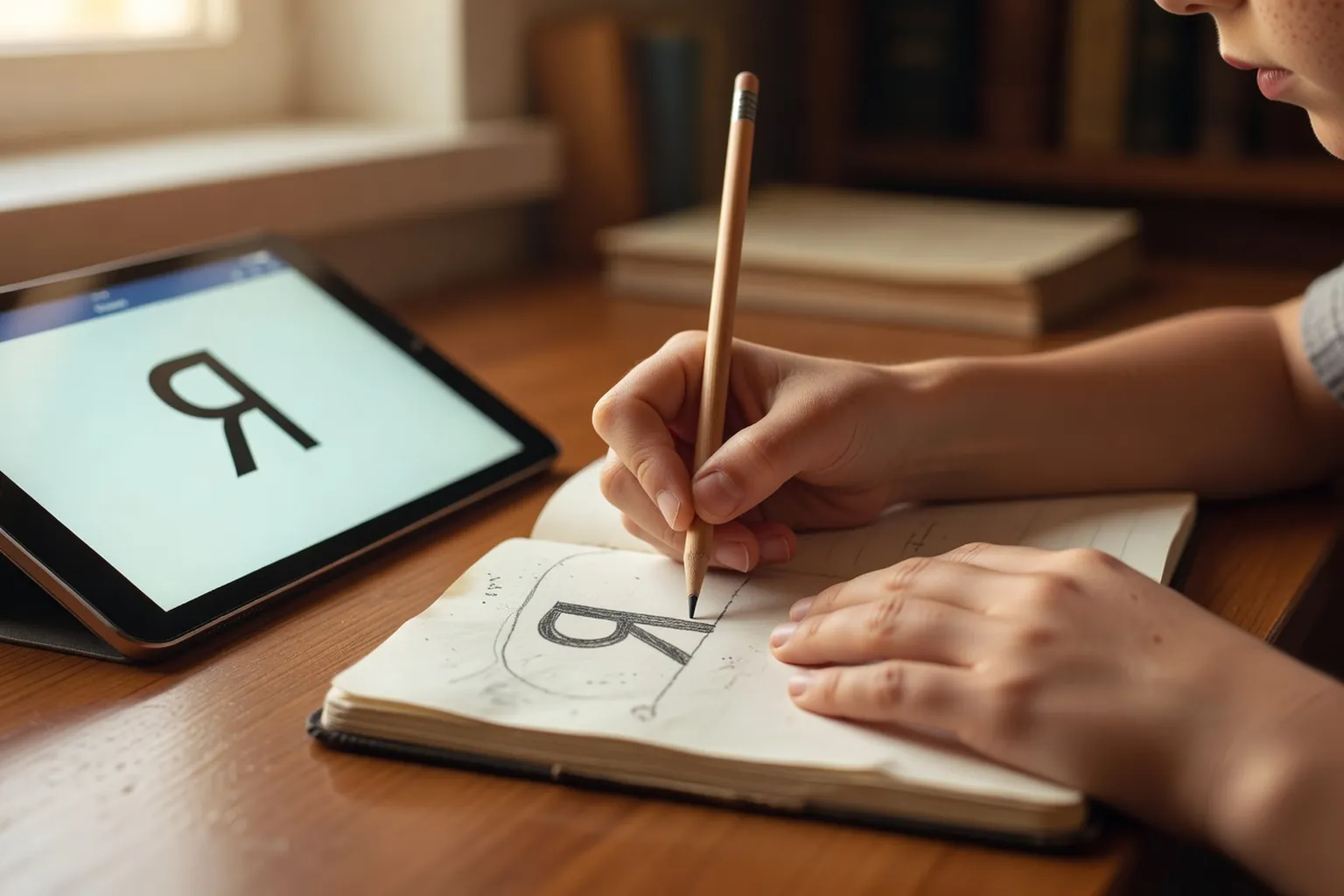 Enfant suivant un cours de russe en ligne avec sa tablette