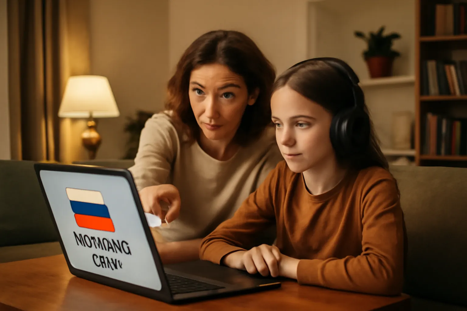 Famille devant ordinateur pour cours russe en ligne