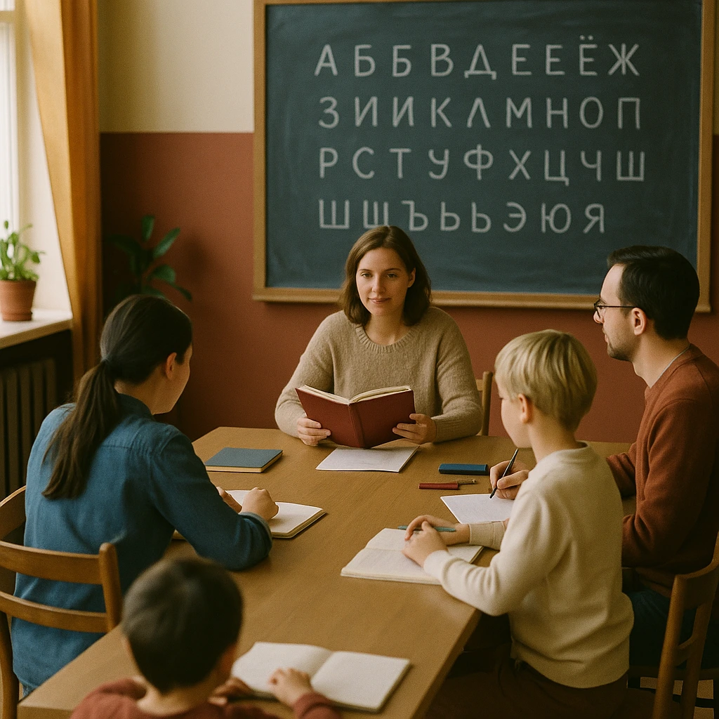 Salle de cours de russe à Grenoble, adultes et enfants autour d