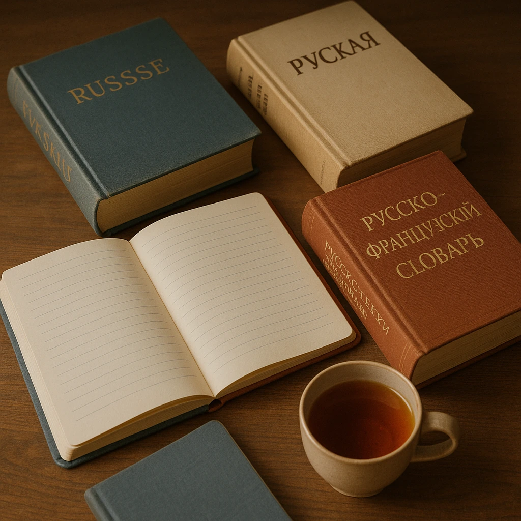 Livres russes, dictionnaires et cahiers sur une table en bois