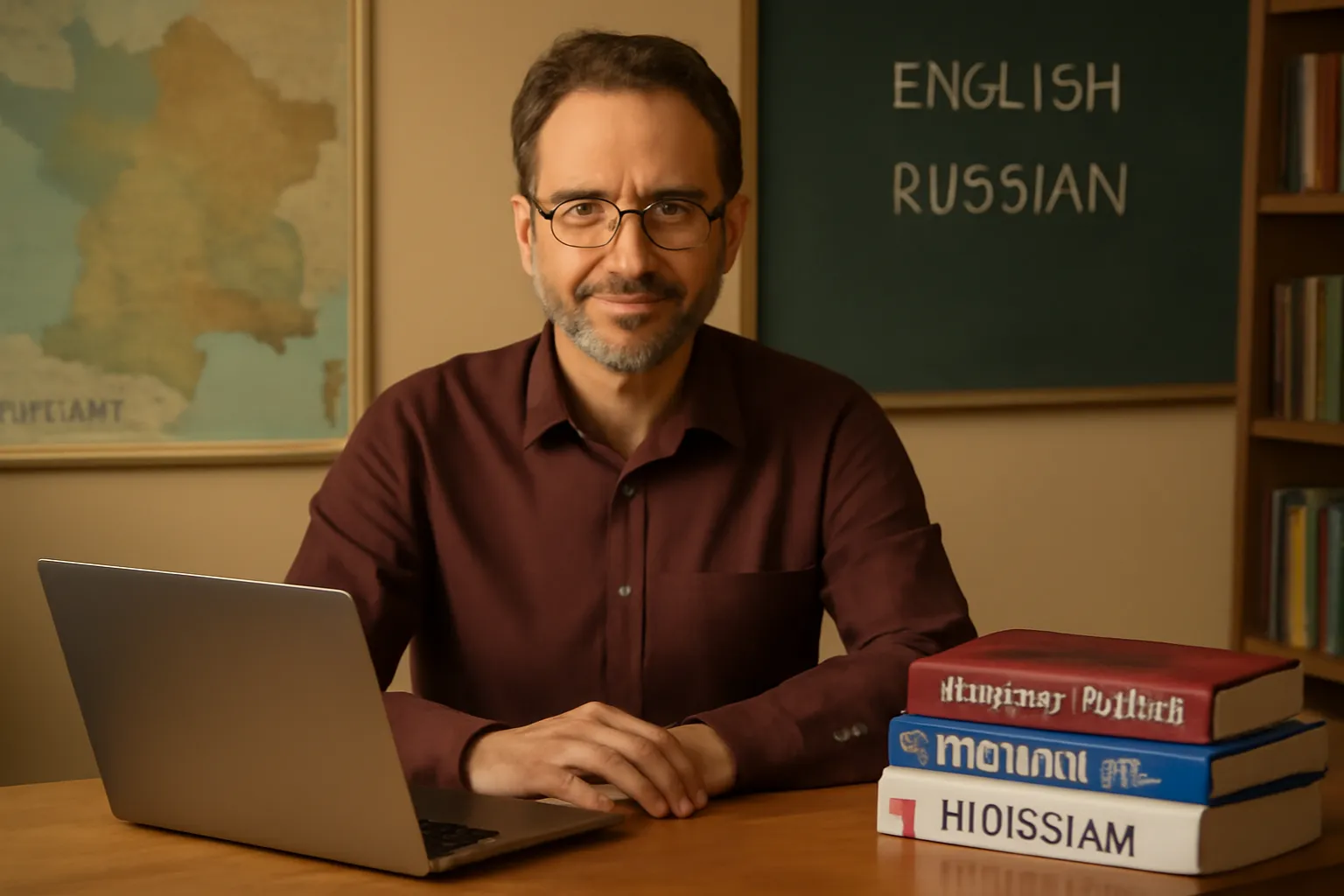 Enseignant de russe dans salle de cours avec livres et laptop, Bordeaux