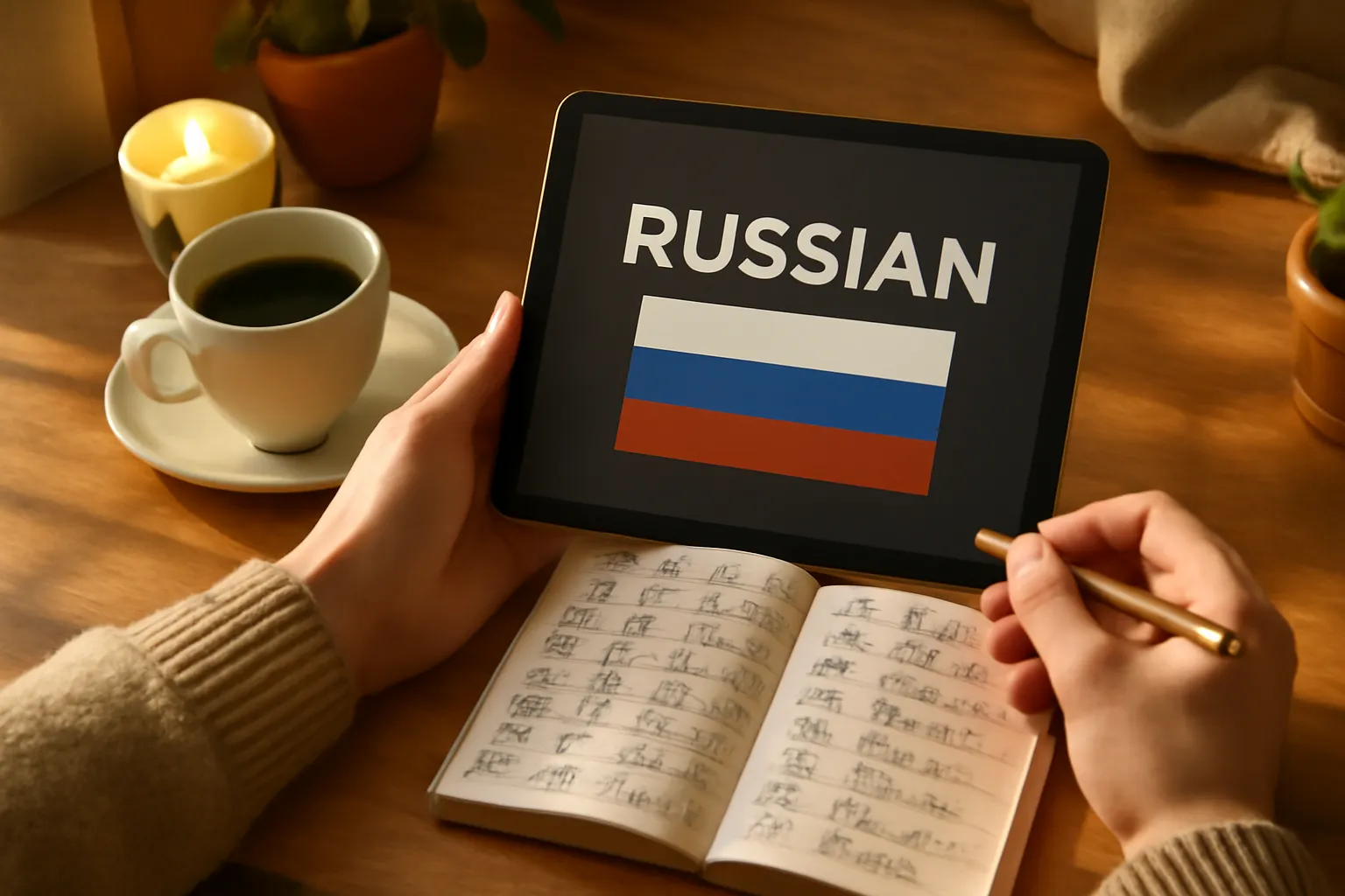 Adulte apprenant le russe avec tablette, cahier manuscrit cyrillique et café