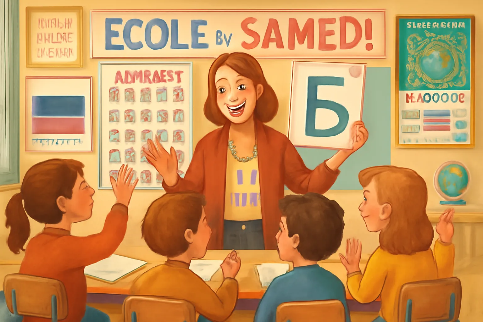 Enfants franco-russes dans une école du samedi apprenant le cyrillique avec une enseignante