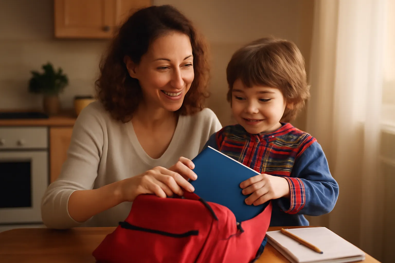 Parents et enfant franco-russe se préparant pour la première journée d'école du samedi
