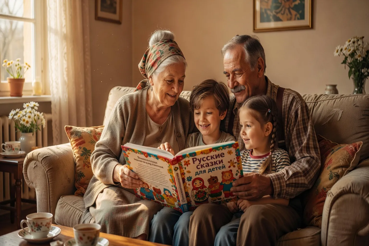 Enfant bilingue avec ses grands-parents russes en visite